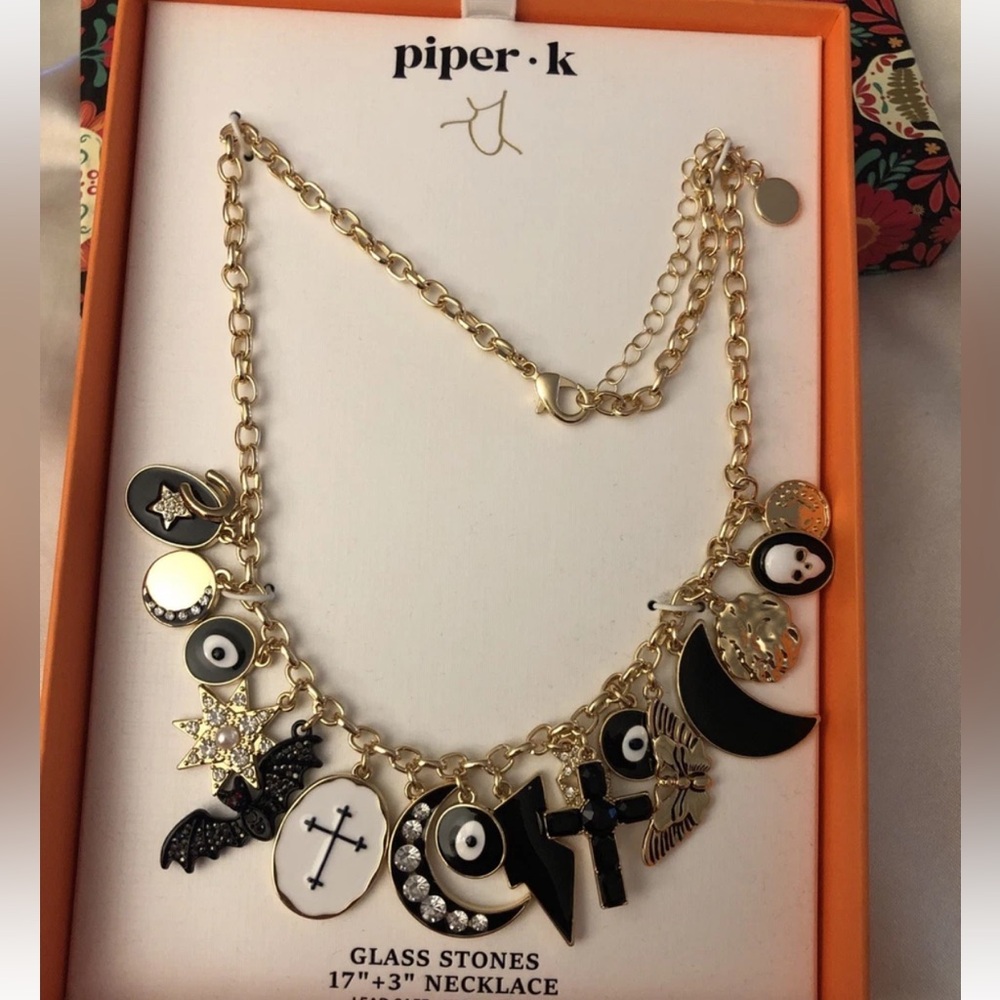 Piper K Gold Tone Round Link Necklace Celestial & Halloween Charms NIB